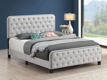 Eastern King Fabric Beige Upholstered Bed with Nailheads