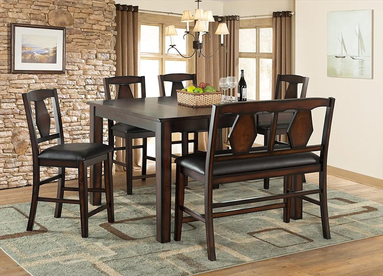 6 Piece Dining Table with Butterfly Leaf, 4 Stools, and a Bench in Brown Finish