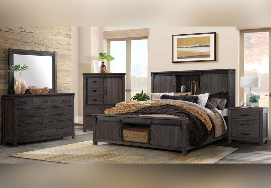 Platform Brown Storage Bed with Dresser, Mirror, and Chest
