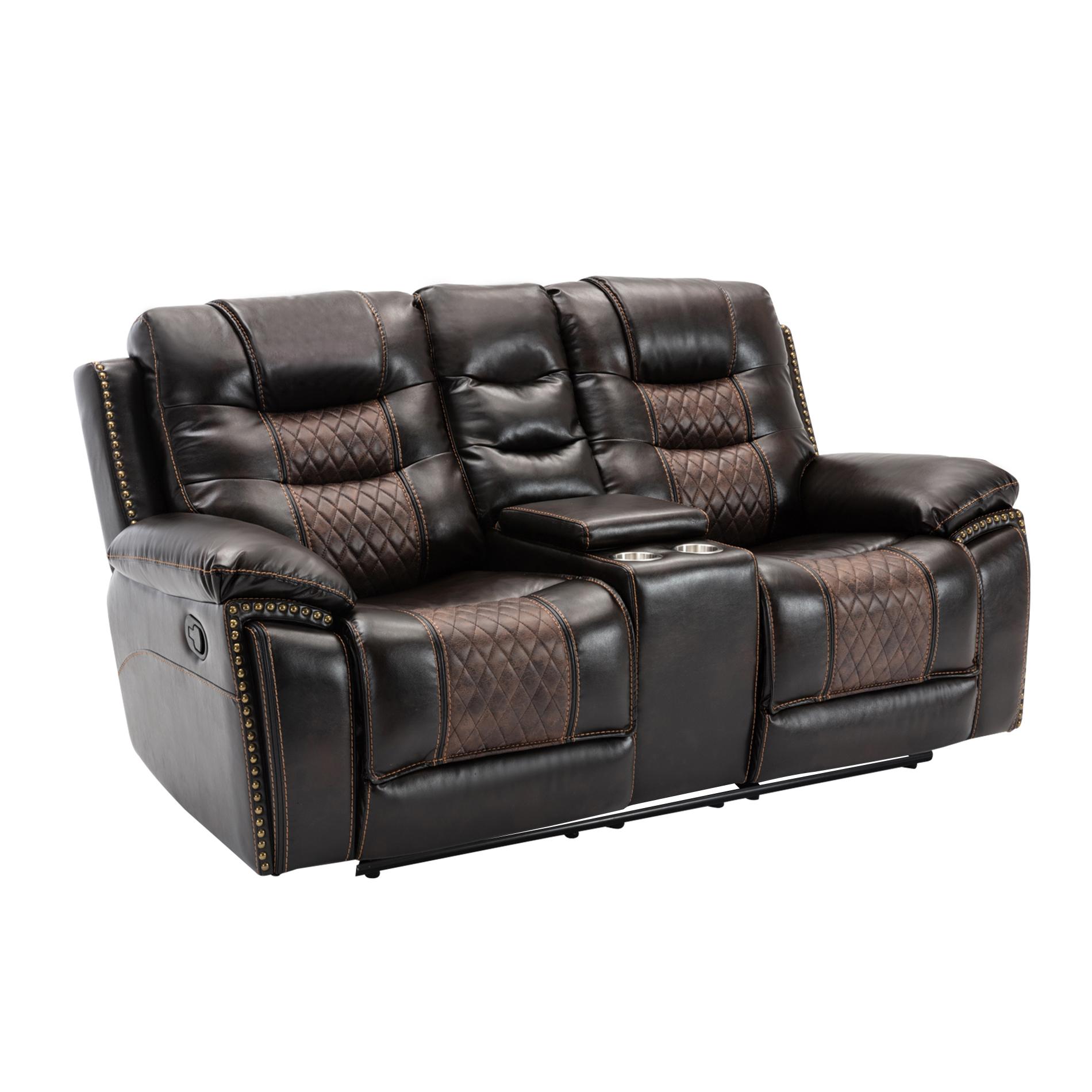 Dual Reclining PU Fabric Sofa and Love Seat in Dark Brown Two Tone Color