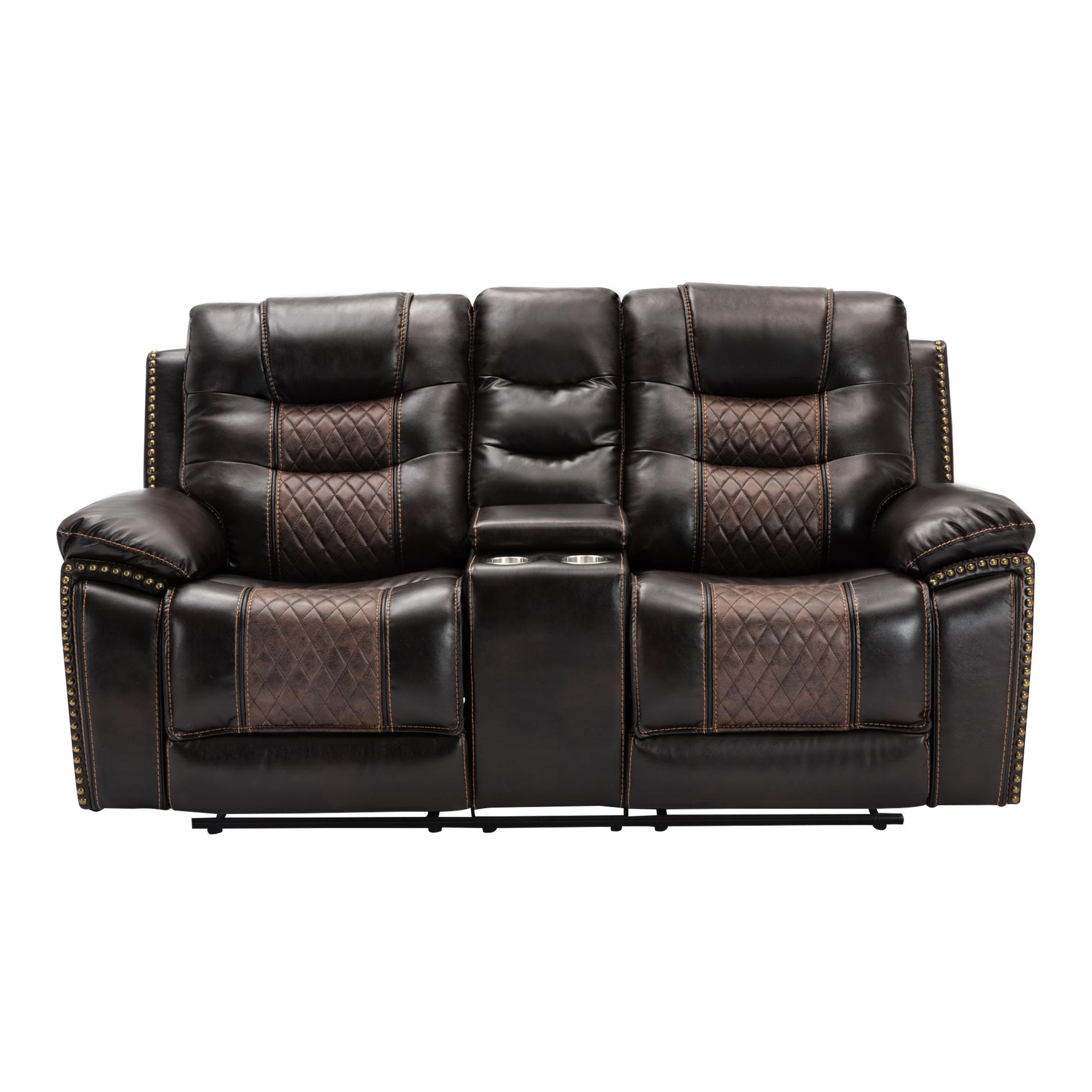 Dual Reclining PU Fabric Sofa and Love Seat in Dark Brown Two Tone Color