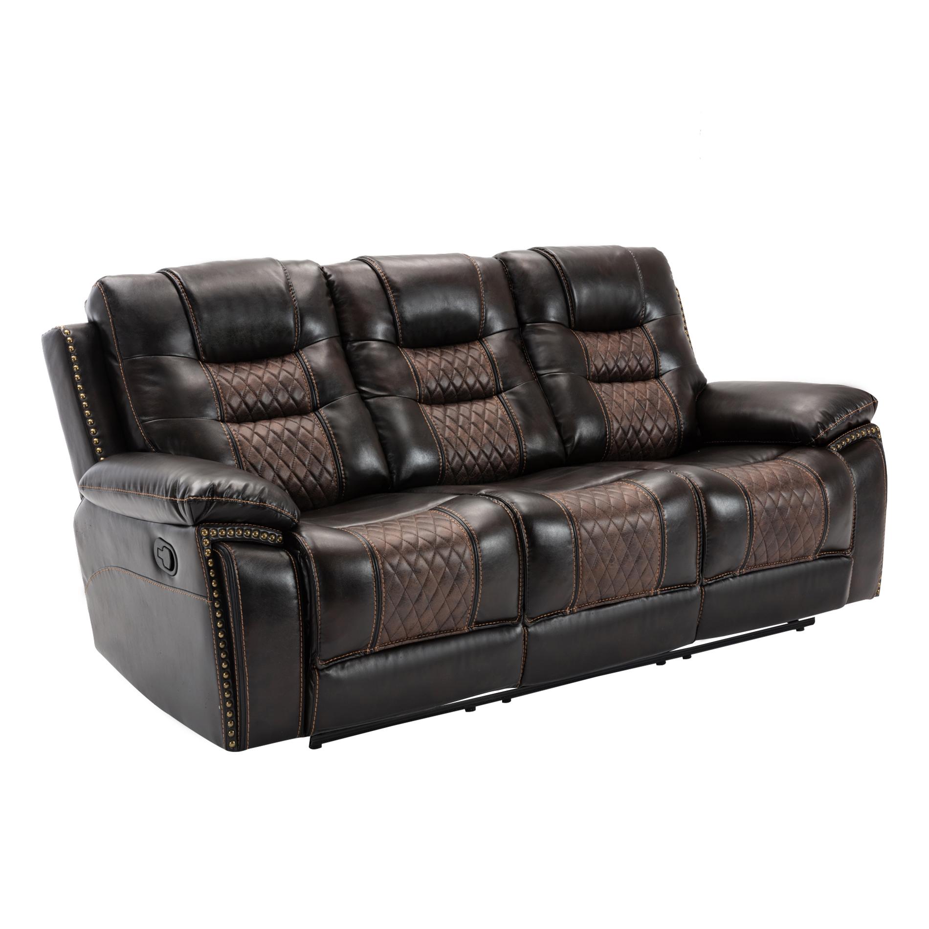 Dual Reclining PU Fabric Sofa and Love Seat in Dark Brown Two Tone Color