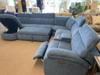 Sectional with Storage Ottoman pop up pullout ottoman and recliners in blue babric
