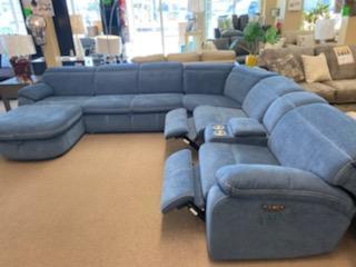 Sectional with Storage Ottoman pop up pullout ottoman and recliners in blue babric