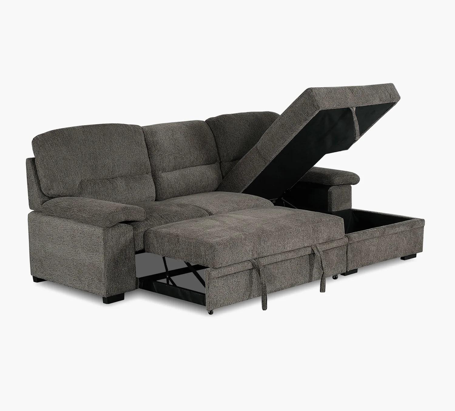 Media Sofa with Pull Out Pop Up Ottoman and Storage Chaise in Gray