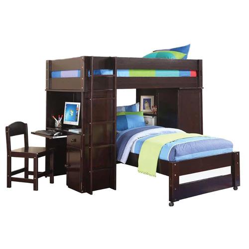 Twin over Twin Loft Bunk in Java with Desk Chair and wardrobe