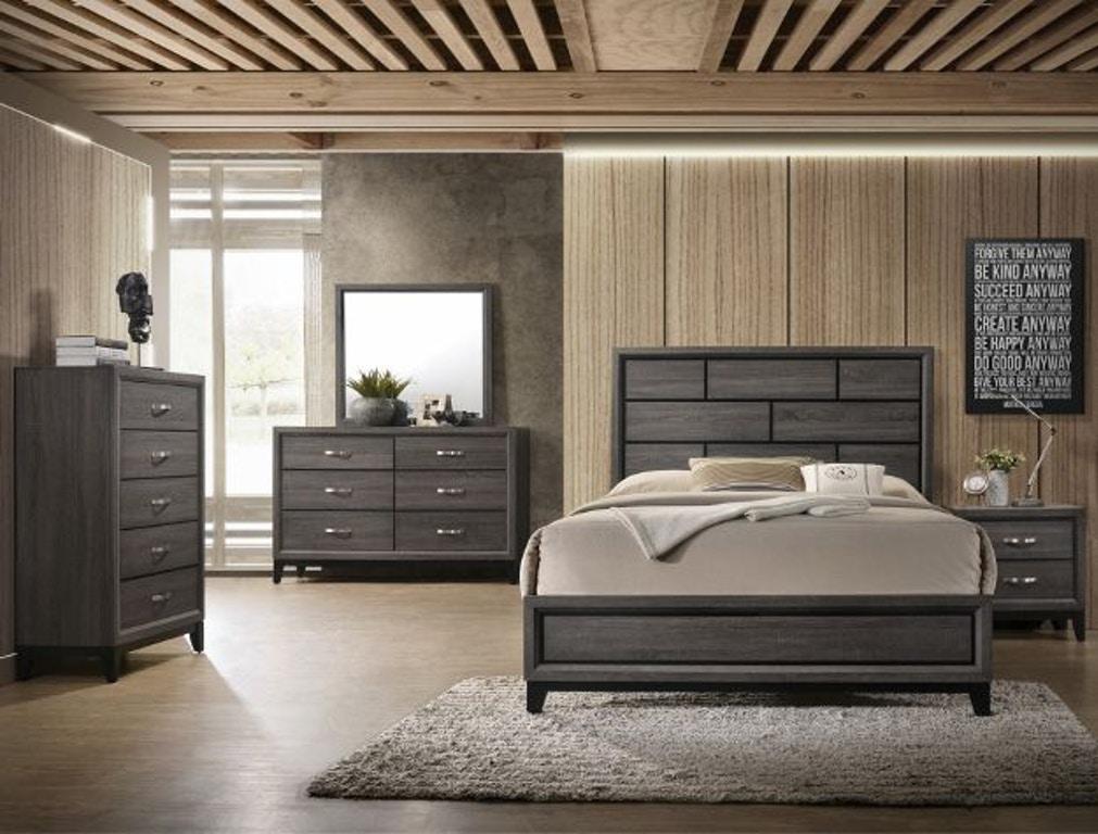 Gray Panel Bed with Dresser Mirror and Nightstand