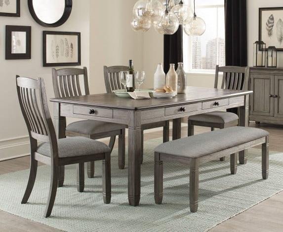 Cara Gray Dining Set with Drawers in the Table and 4 Side Chairs with a long backless bench