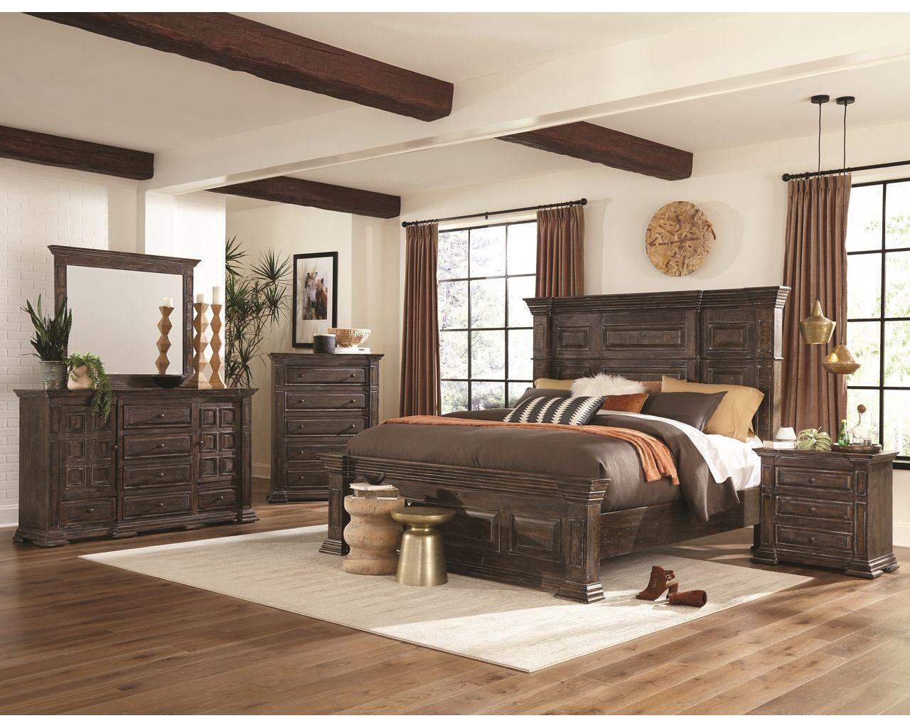 Large Brenda Bedroom Group in a rustic Brown Wood including Large PAnel Bed, Dresser mirror and nightstand