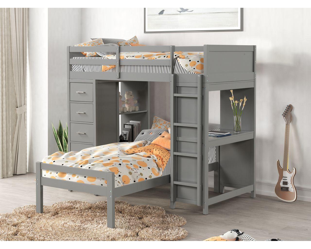 twin over twin loft bunk in gray with desk and chest