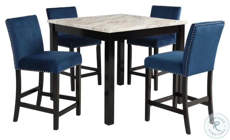 Velvet Blue Counter Height Chairs with Faux Marble Table