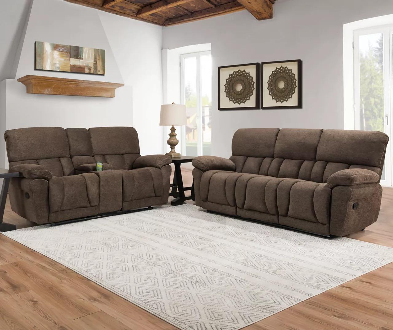 <Zac Dual Reclining Sofa and Dual Reclining Love Seat with Storage Console - Brown