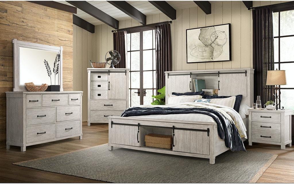 Scott Whitewash Bedroom Set with Storage Headboard, Footborad, dresser, mirror and Nightstand