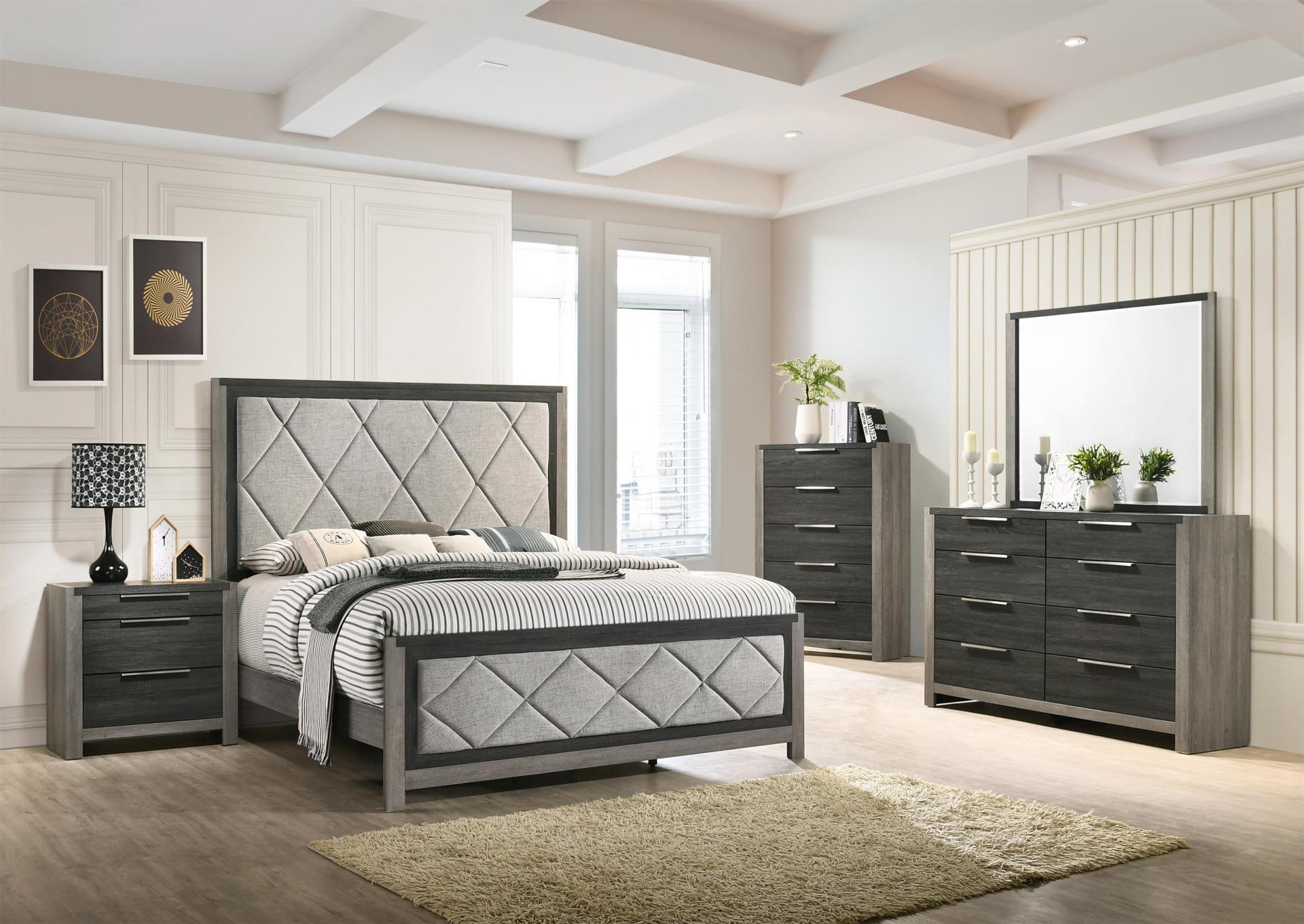 Panel Gray Two Tone Bedroom Group with Panel Bed, Dresser, Mirror, and Nightstand