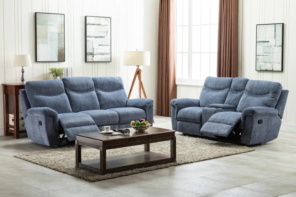 Griffin Dual Reclining Sofa and Dual Reclining Love Seat with Storage Console - Blue,Instore