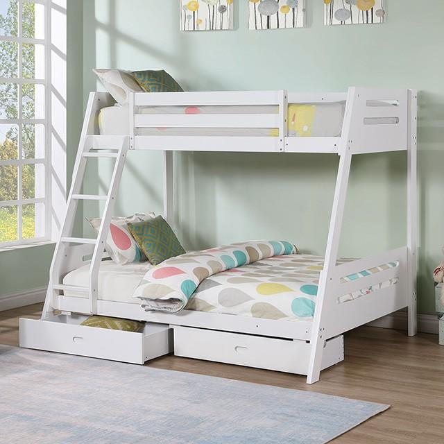 twin full white wood finish bunk bed with drawers