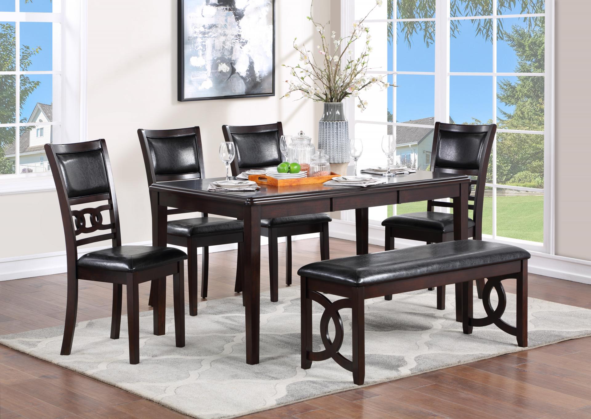 Ebony Dark Espresso Dining Table with 4 chairs and a backless bench and padded seats
