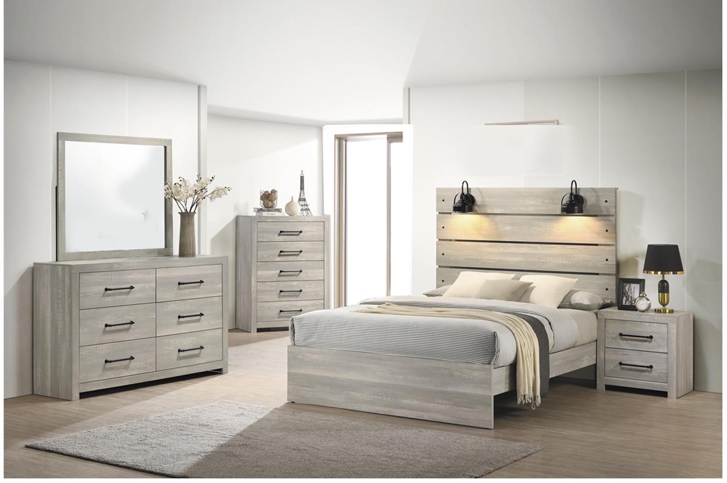 White Wash Bedroom Group with lighted headboard dresser mirror and nightstand