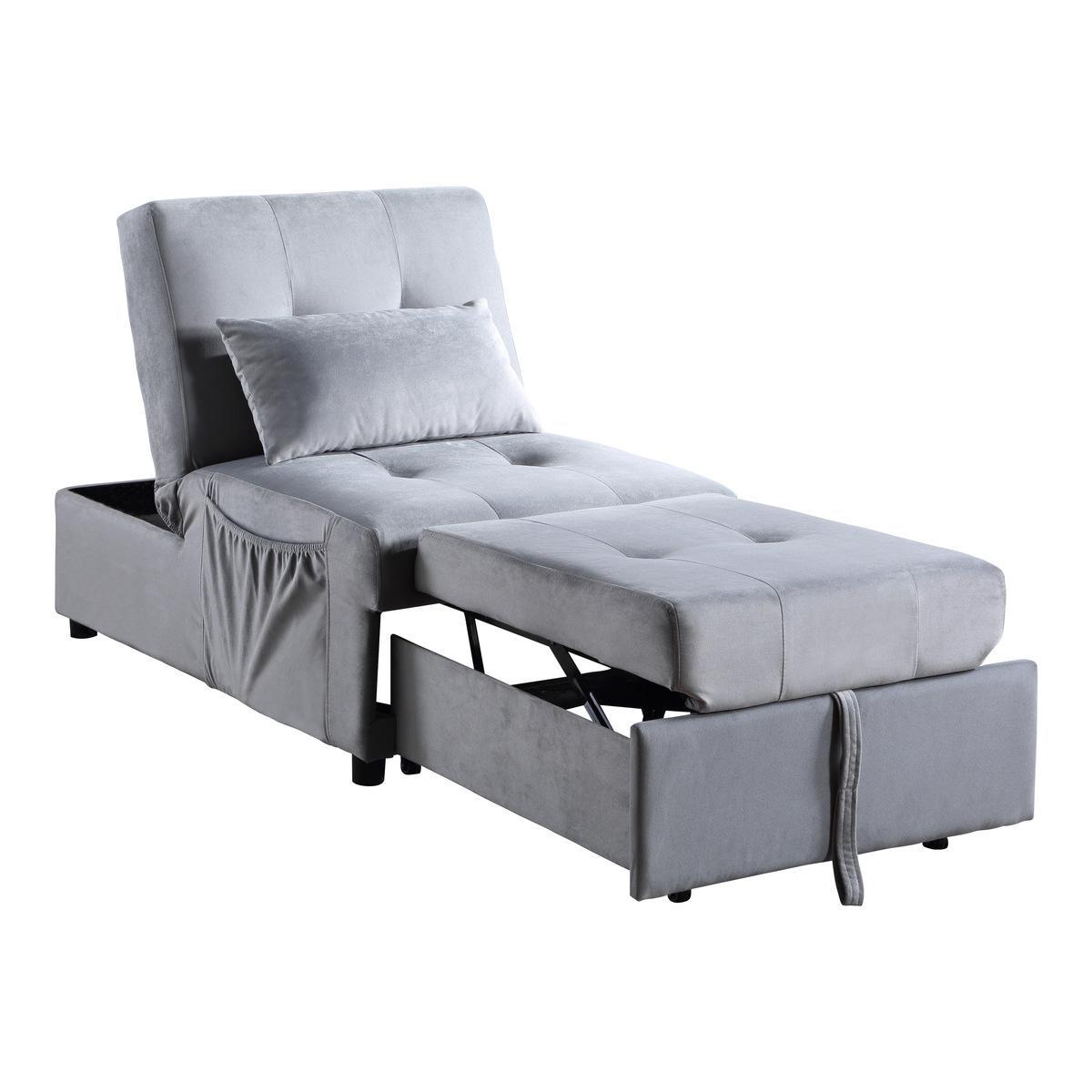 Joyce Media Chair with Pull Out Pop Up ottoman and storage in Gray Velvet type Fabric