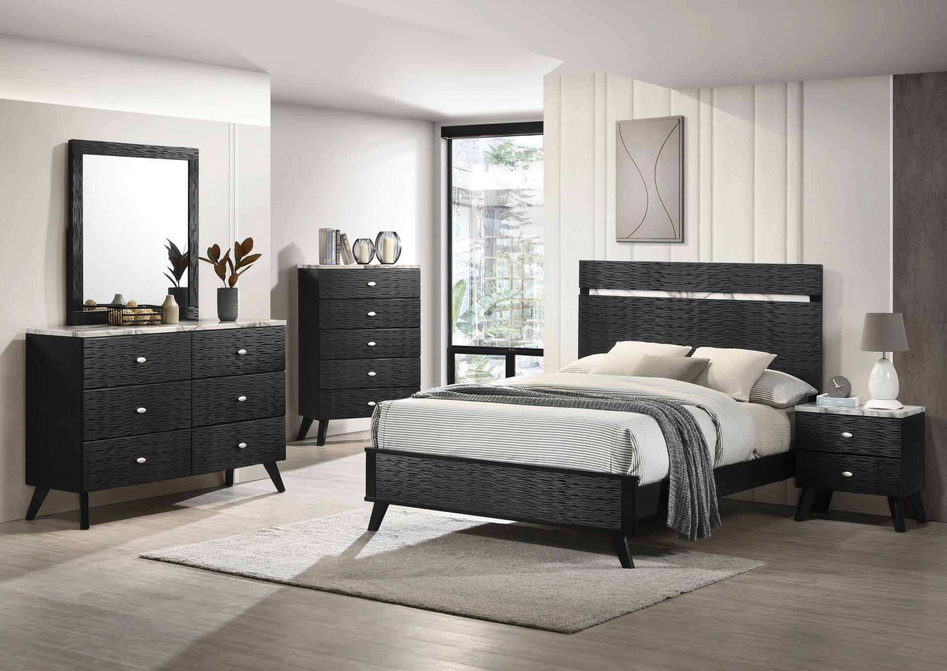 Black Low Platform Bed set with dresser mirror nightstand