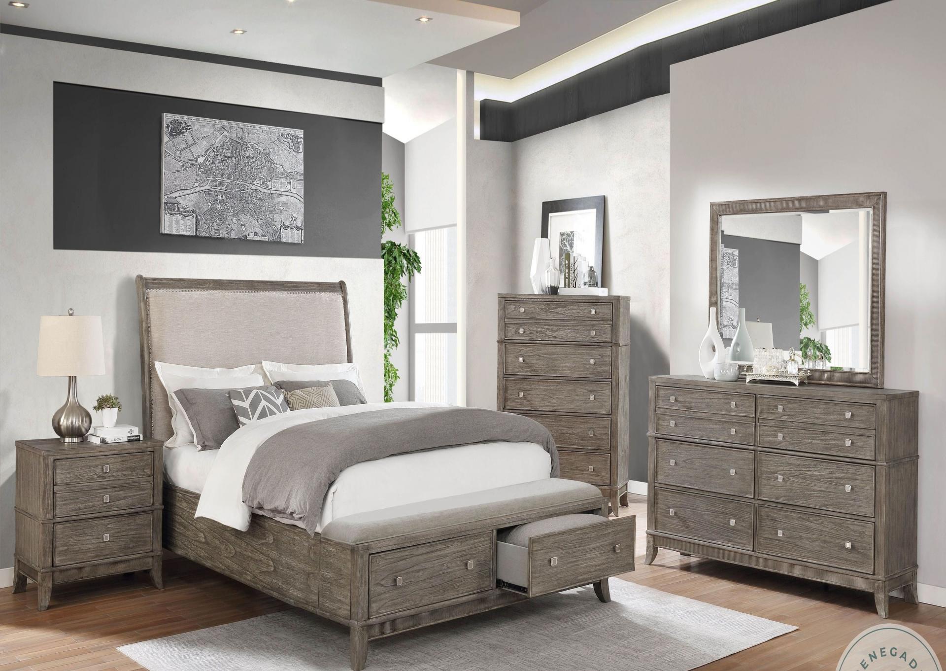 Storage Bed with Platform bed Brushed Gray Dresser Mirror and NIghtstand