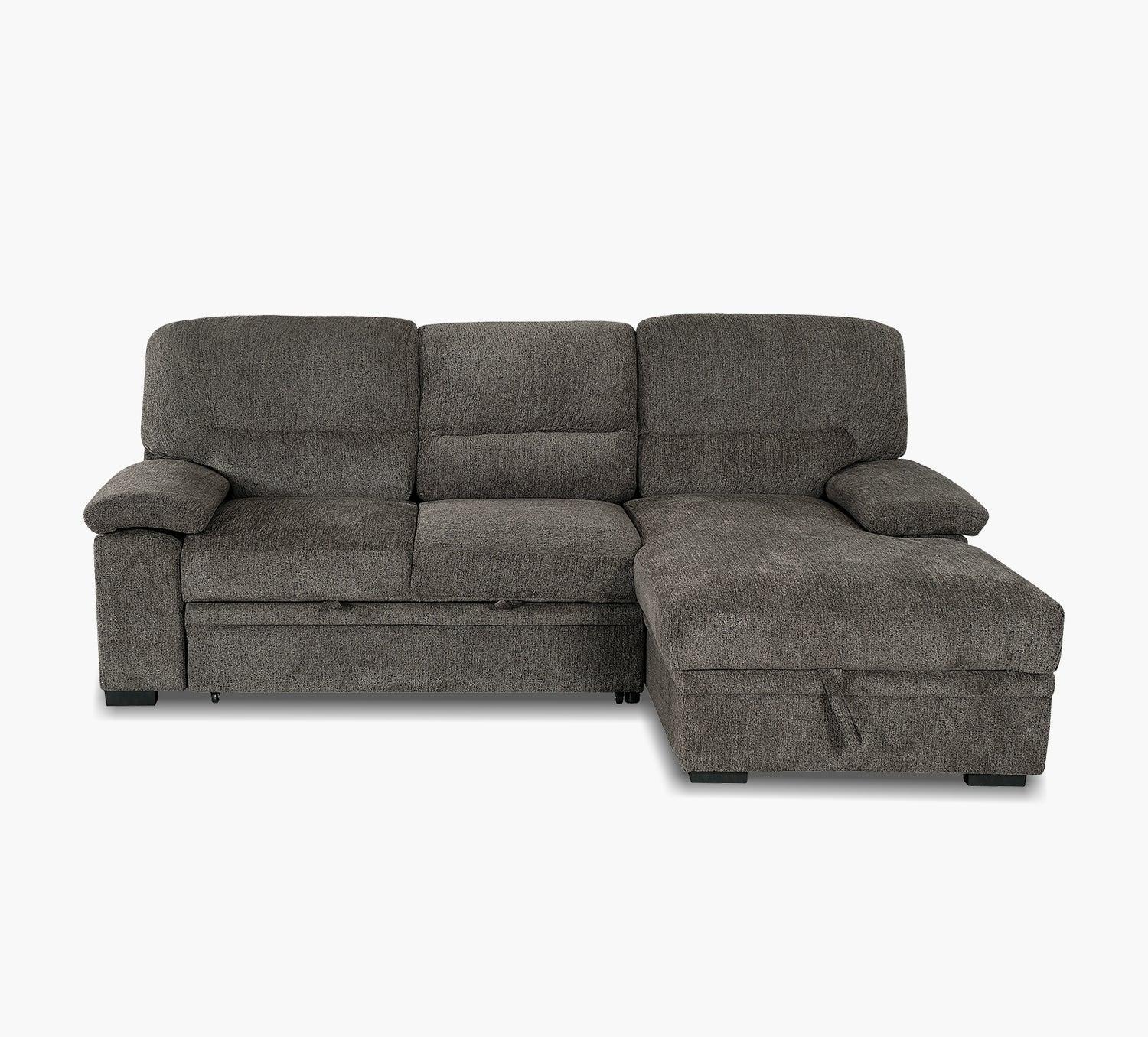 Media Sofa with Pull Out Pop Up Ottoman and Storage Chaise in Gray
