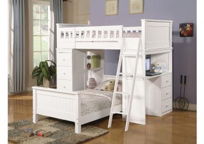 Quarters Twin / Twin Loft Bed with Desk and Chest - White