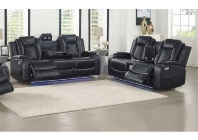 Marion Power Head and Foot Dual Reclining Sofa with Charging Station / Light Up Bottom and Power Head and Foot Dual Reclining Love Seat with Blue Toot