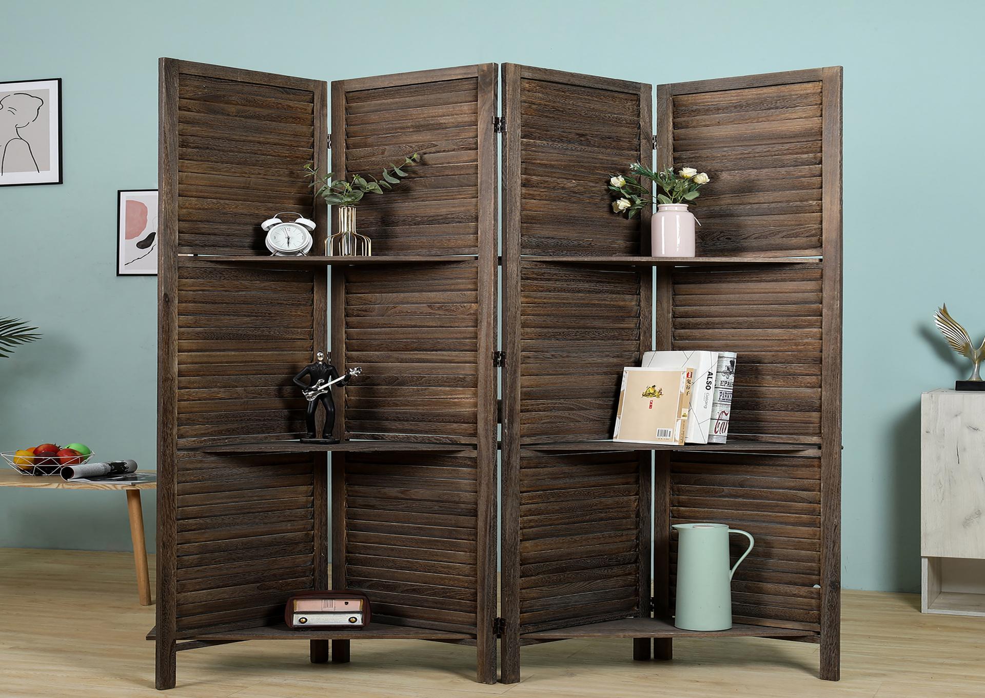 4-Panels Room Divider w/Shutter &Shelves, Antique Brown,Milton Green