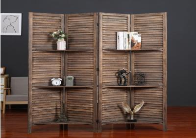 4-Panels Room Divider w/Shutter & Shelves, Light Brown