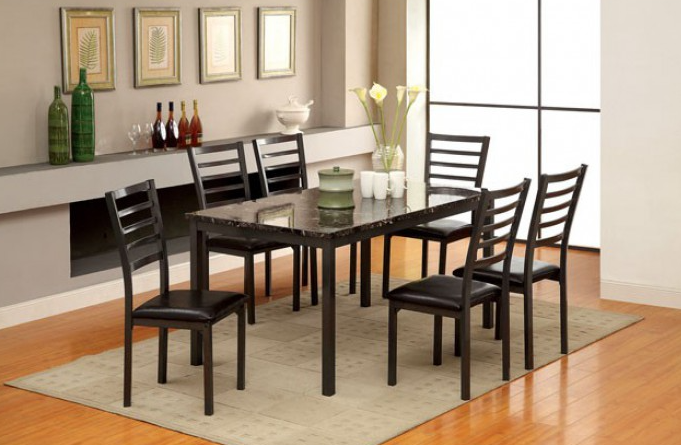 FOA Black 5 Piece Dining Set w/4 Side Chairs and 1 Marble Top Dining Table,Instore