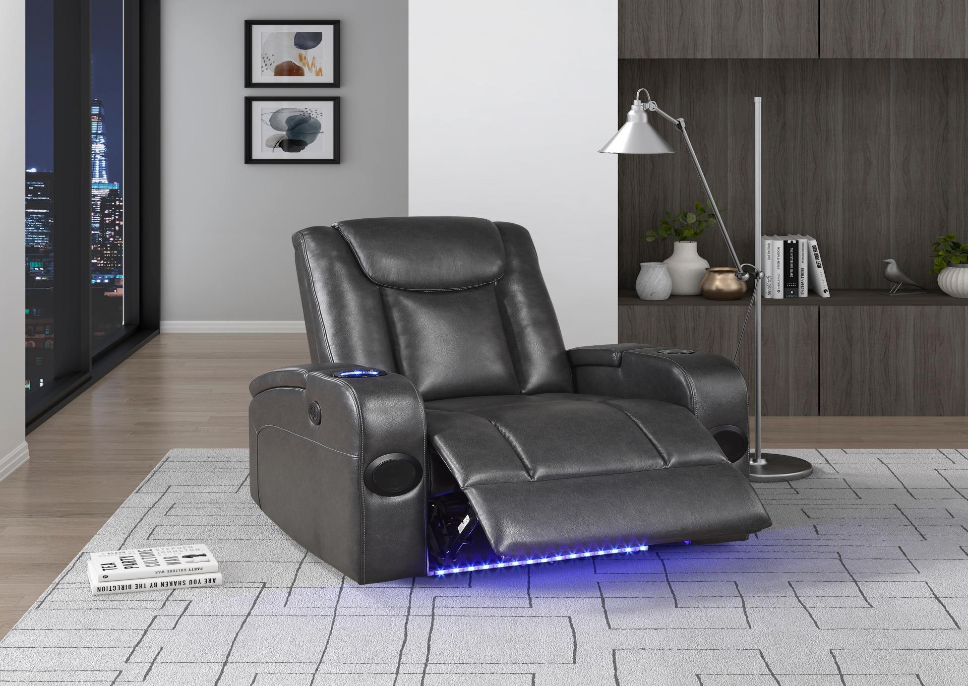 Power Recliner w/ Speakers,  Wireless Charger, Cooling Cupholder, LED Lighting USB & Storage Arms,Homelegance