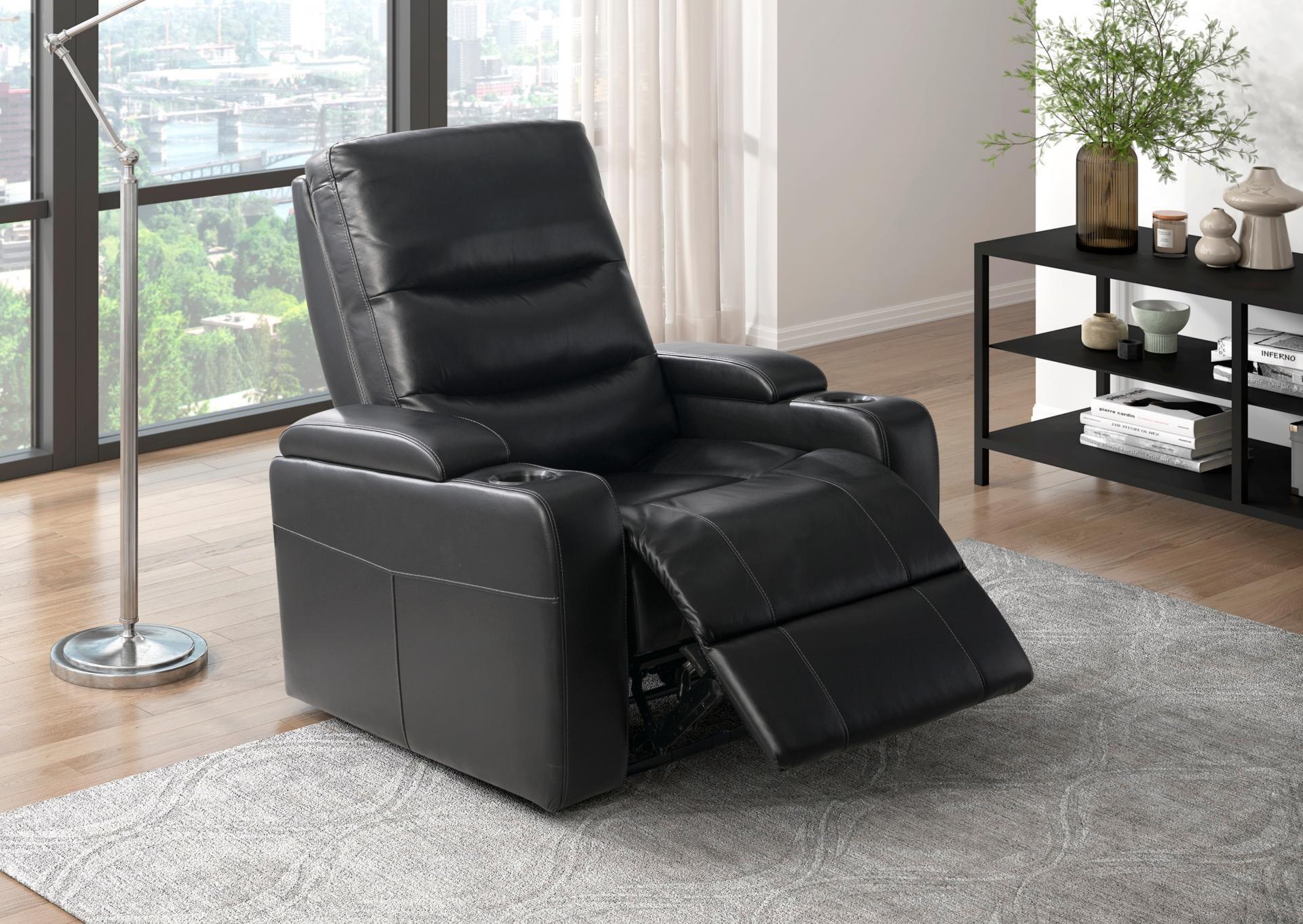 Brockton Power Black Recliner with Power Headrest, Receptacle, Cup-Holder Storage Arms and LED Light,Homelegance