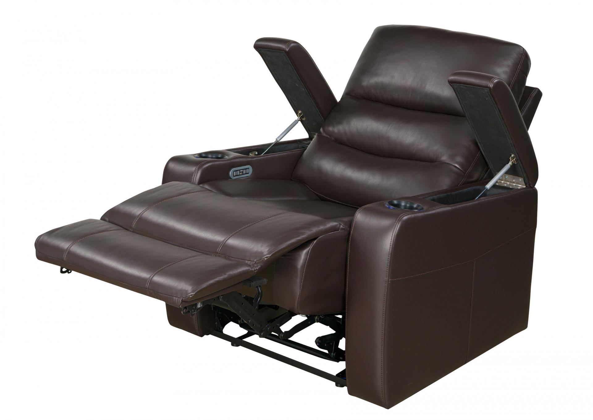 Brockton Power Brown Recliner with Power Headrest, Receptacle, Cup-Holder Storage Arms and LED Light,Homelegance