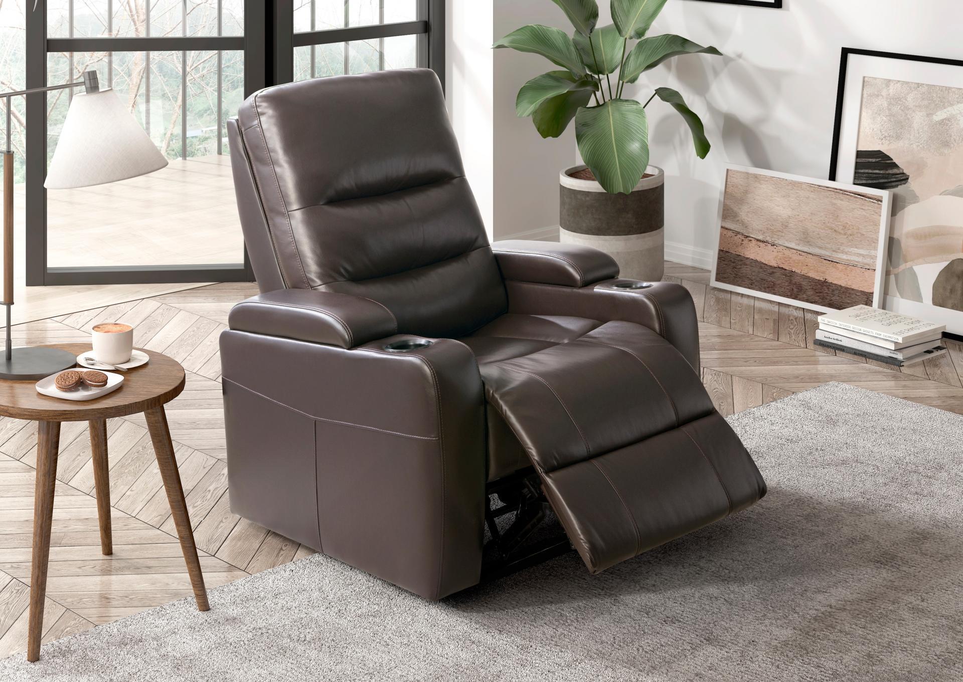 Brockton Power Brown Recliner with Power Headrest, Receptacle, Cup-Holder Storage Arms and LED Light,Homelegance