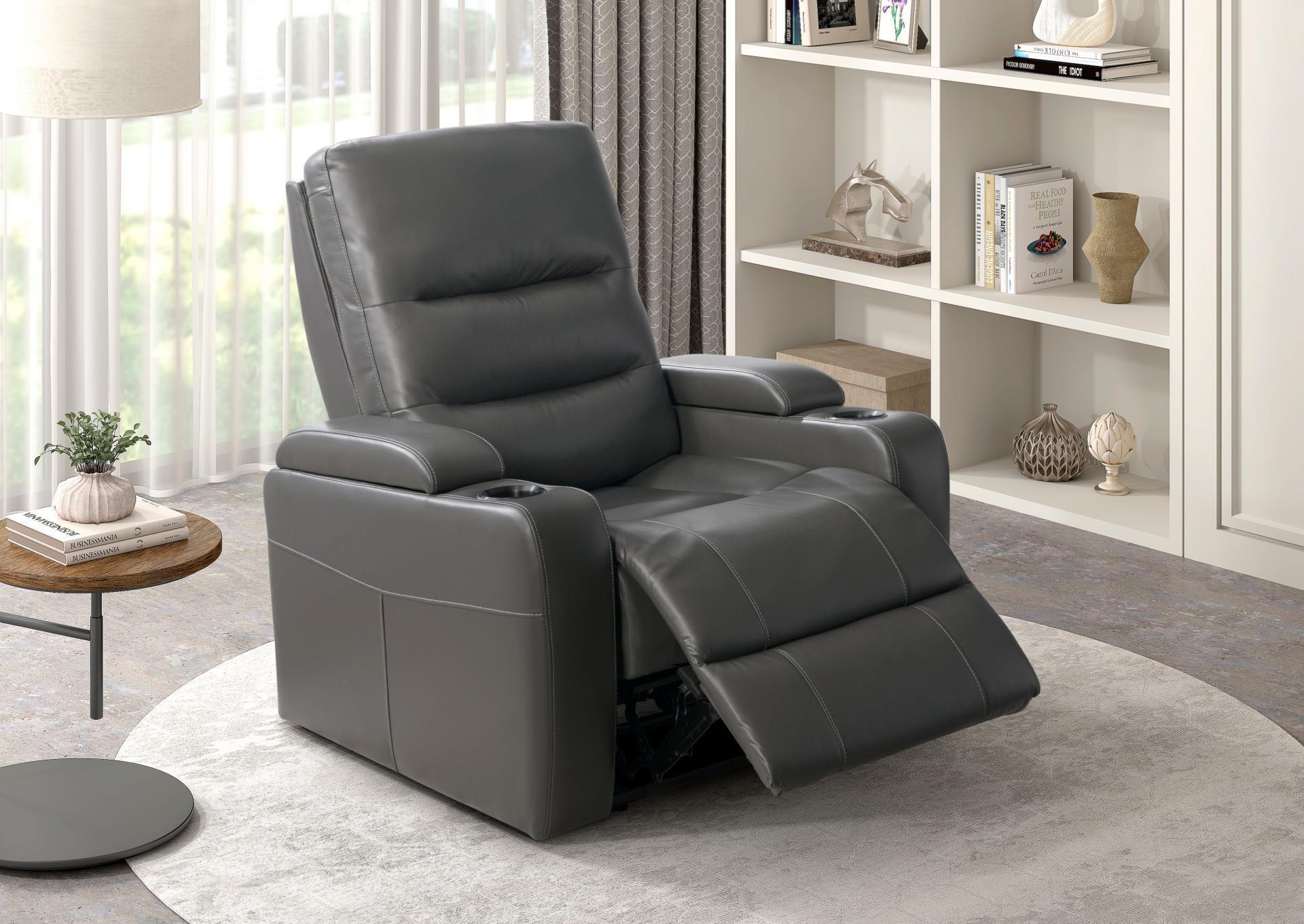 Brockton Power Gray Recliner with Power Headrest, Receptacle, Cup-Holder Storage Arms and LED Light,Homelegance