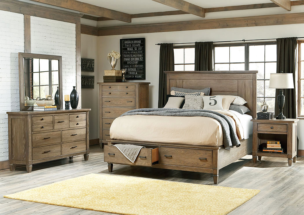 Brownstone Village Aged Patina Queen Panel Storage Queen Bed W Dresser Mirror And Nightstand Squan Furniture