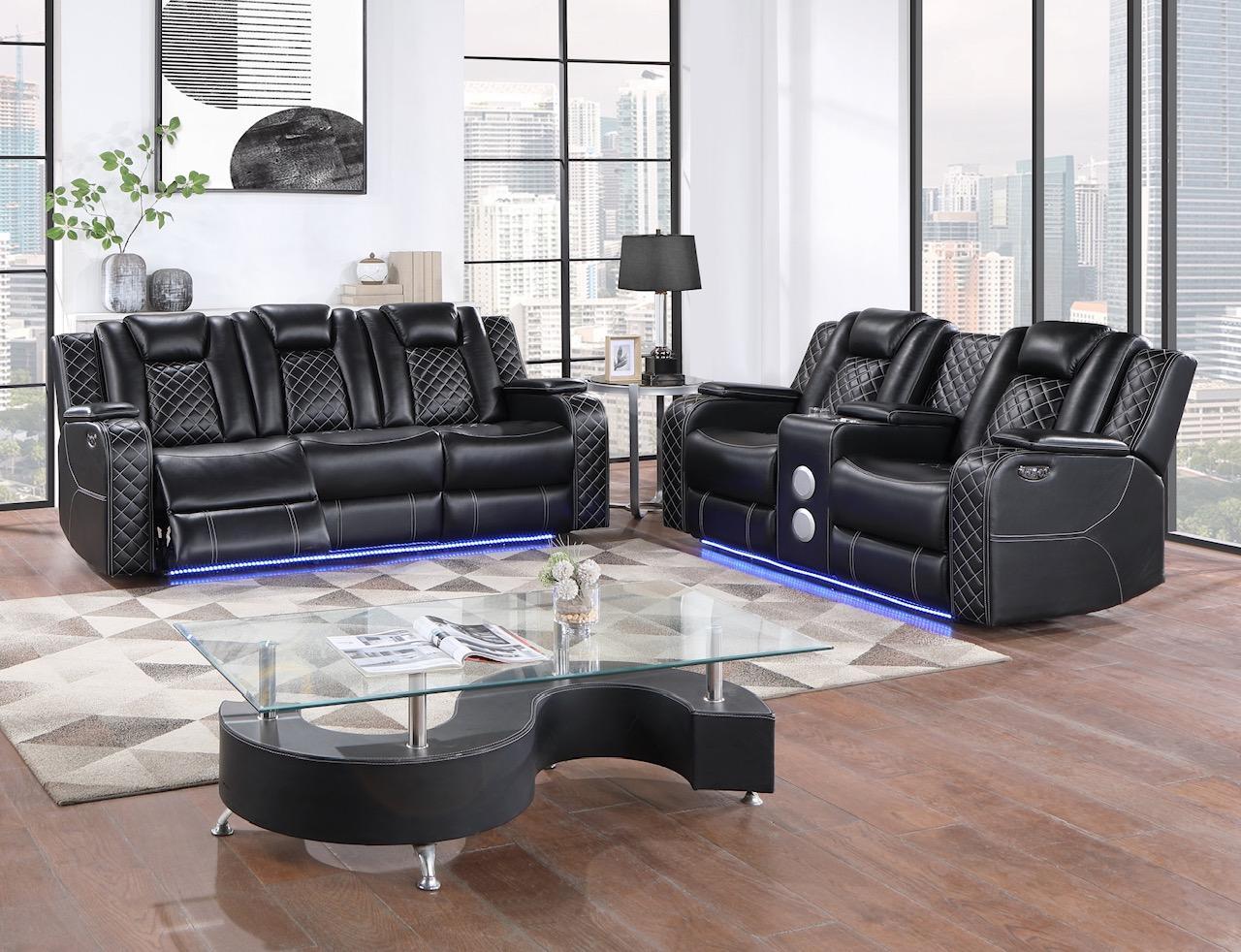 Black Power Media Sofa and Loveseat with Speaker,Home Elegance 
