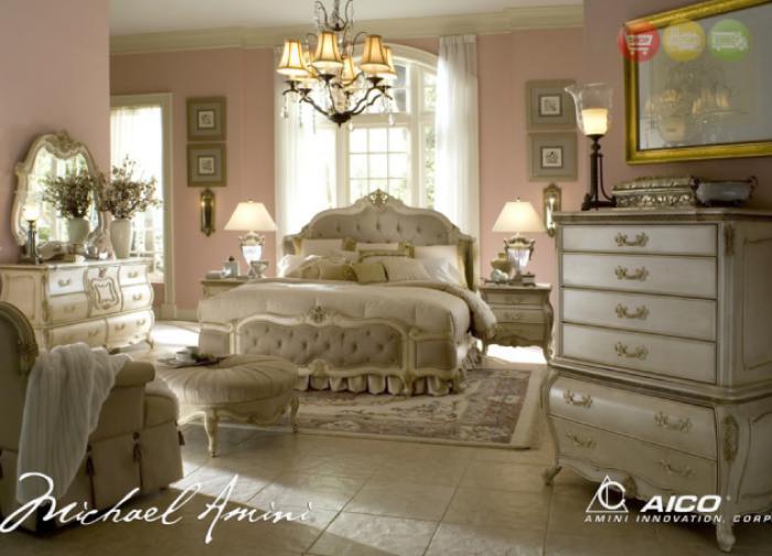 Michael Amini Lavelle Blanc 6pc Queen Wing Mansion Bedroom Set,Aico