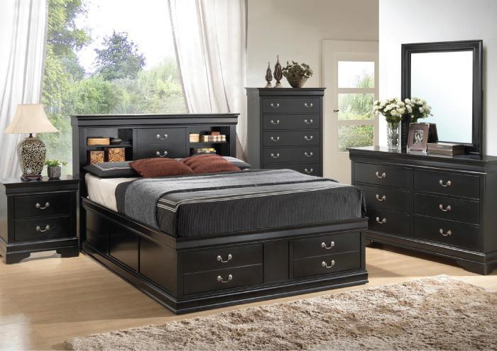 Louis Philippe Black Queen Storage Bed, Dresser, Mirror & Nightstand,Coaster