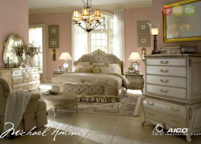 Michael Amini Lavelle Blanc 6pc Eastern King Wing Mansion Bedroom Set,Aico