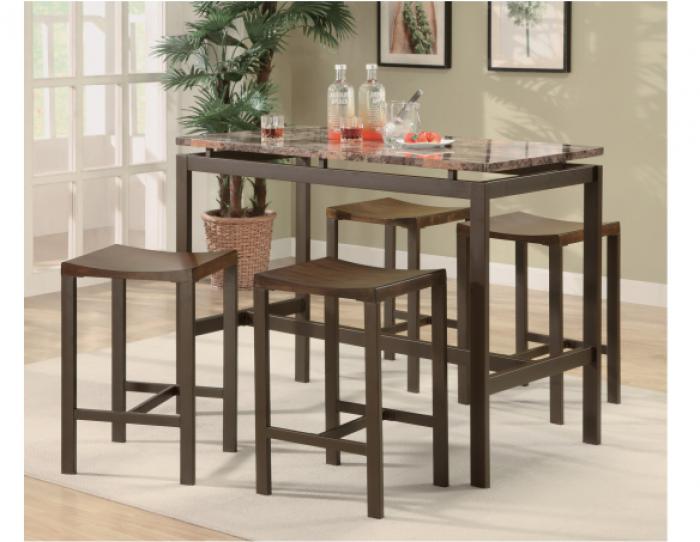 Atlus Counter Height Contemporary Brown Metal Table with Marble Look Top and 4 Stools,Coaster