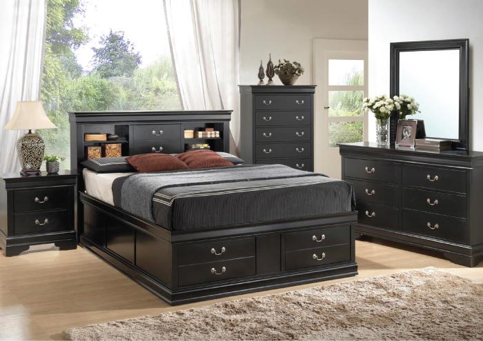 Louis Philippe Black Eastern King Storage Bed, Dresser, Mirror & Nightstand,Coaster