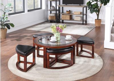 Image for  BROWN COFFEE TABLE W/ 4 CARRIAGE STOOLS