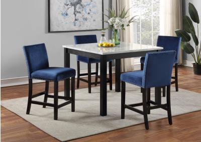 Image for WHITE MARBLE DINING TABLE W/ 4 BLUE VELVET CHAIRS 
