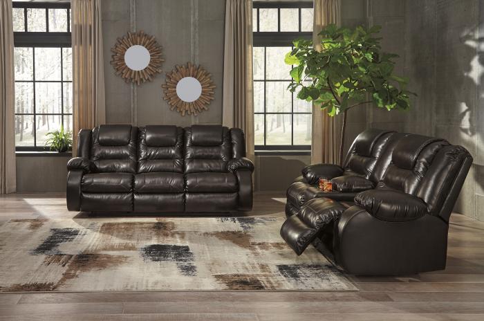 <Vacherie Chocolate Reclining Sofa and Double Reclining Loveseat w/Console + TV Stand & Fireplace + Free TV