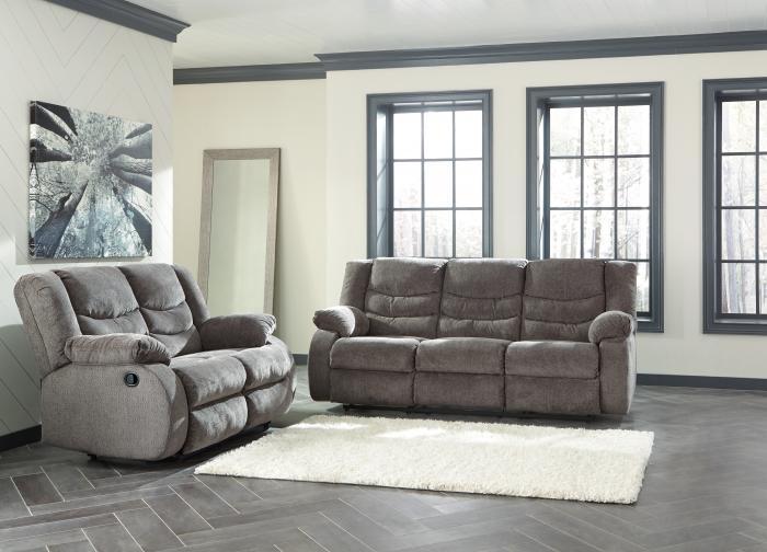 <Tulen Gray Reclining Sofa and Loveseat + TV Stand & Fireplace + Free TV