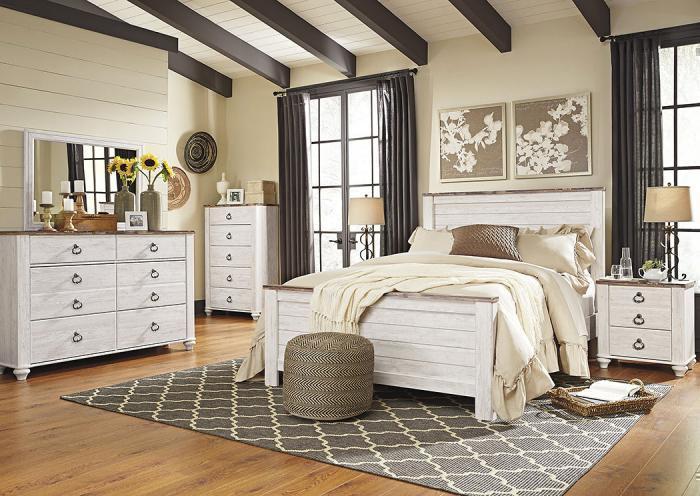 Willowton Whitewash Queen Panel Bed w/Dresser & Mirror + FREE Matress,Total Home Package 2023