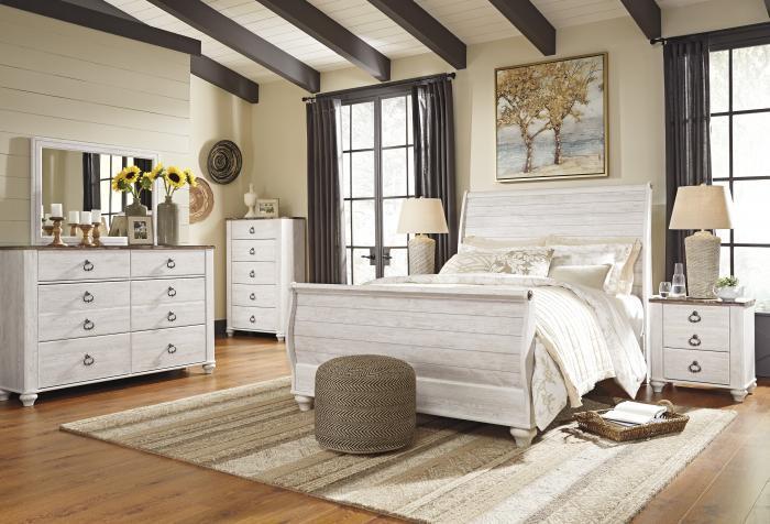 Willowton Whitewash King Panel Bed w/Dresser, Mirror, Chest & Nightstand + FREE Mattress,Total Home Package 2023