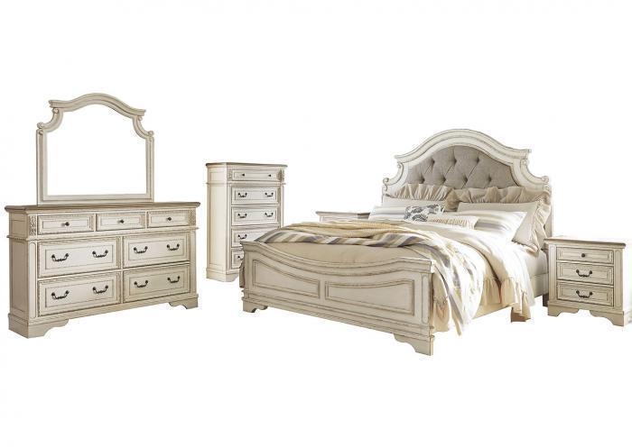 Realyn Chipped White King Panel Bed w/Dresser, Mirror, Chest and Nightstand + FREE Mattress,4th of July Blowout Sale 2024